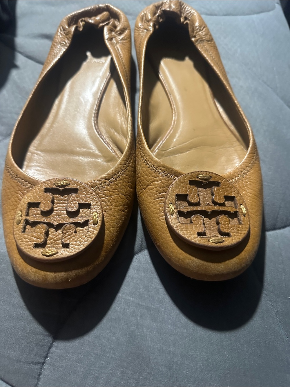 Tory Burch Cognac Leather Logo Ballet Flats